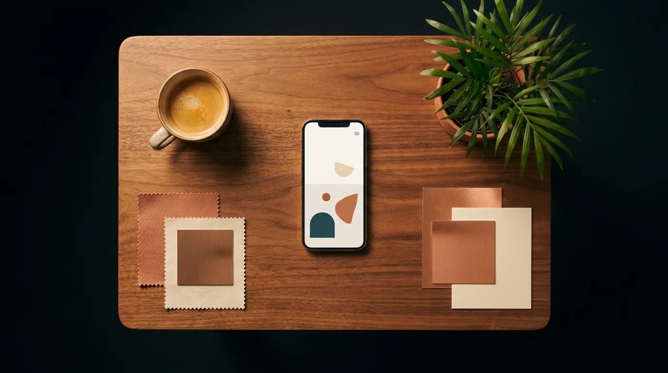 Marketing flat-lay of a website mockup and brand swatches generated in-house